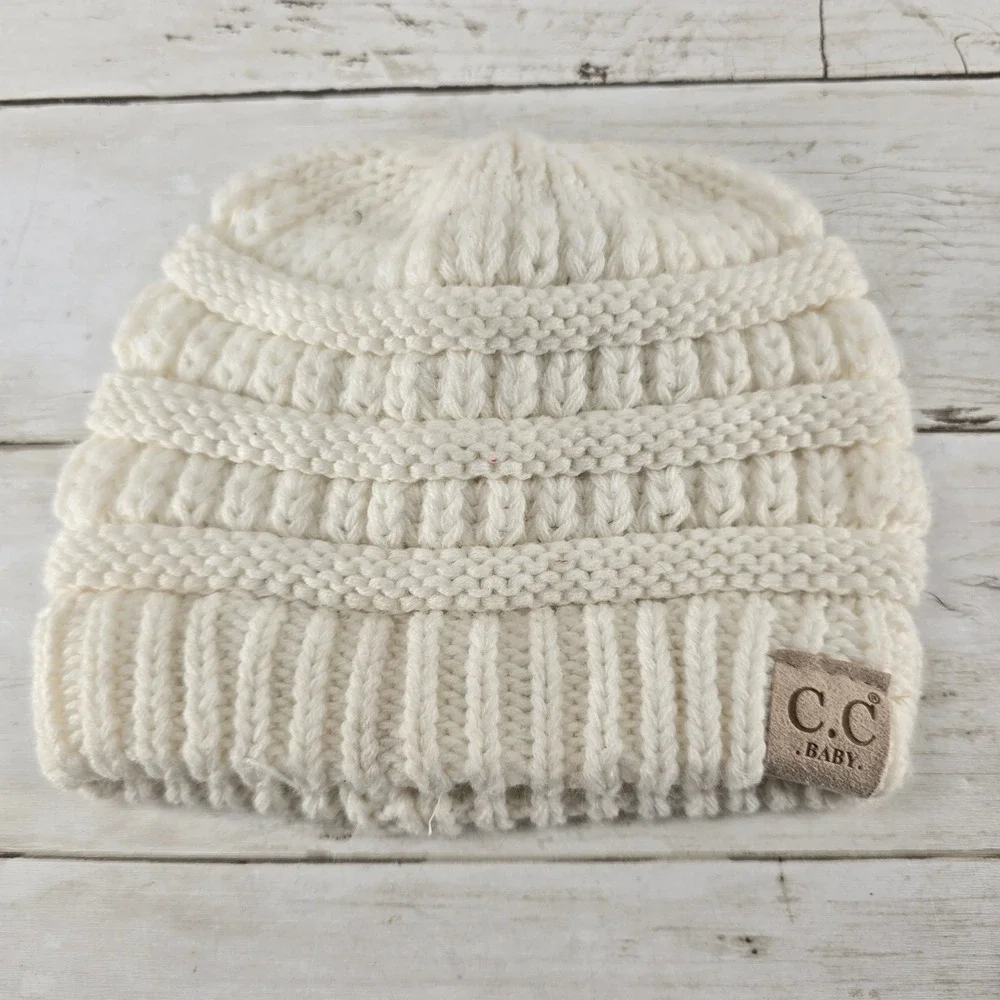 C.C Baby Beanie Cream Off White Cable Knit Winter Hat Infant Toddler CC Logo